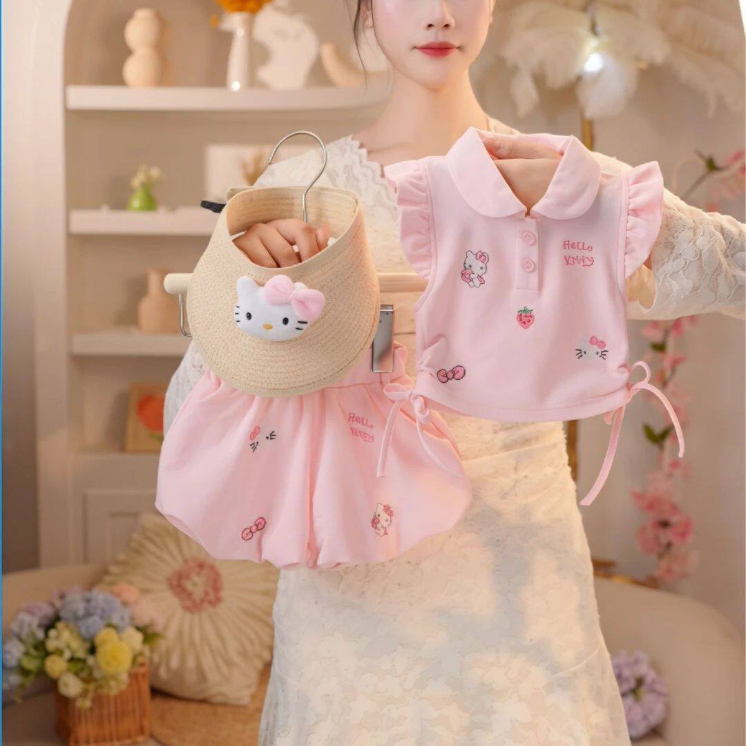 2026年新款夏季女童套装小童可爱黄色小猫polo时尚学院花苞两件套