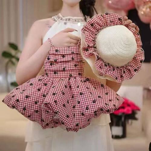 夏季新款格子吊带黑花朵女童连衣裙时尚公主吊带女宝宝花苞裙子