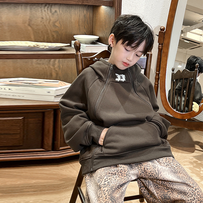 男童不规则连帽加绒美式潮牌卫衣