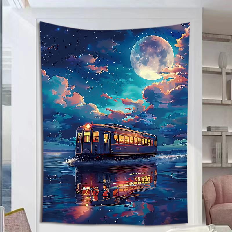 夜晚星空电车竖版背景布挂布房间客厅墙壁遮丑画布直播拍照墙布
