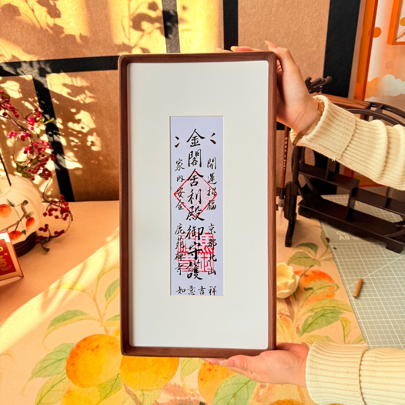 中式窄边长条金阁寺门票相框装裱收藏清水寺签纸展示框书法字画框