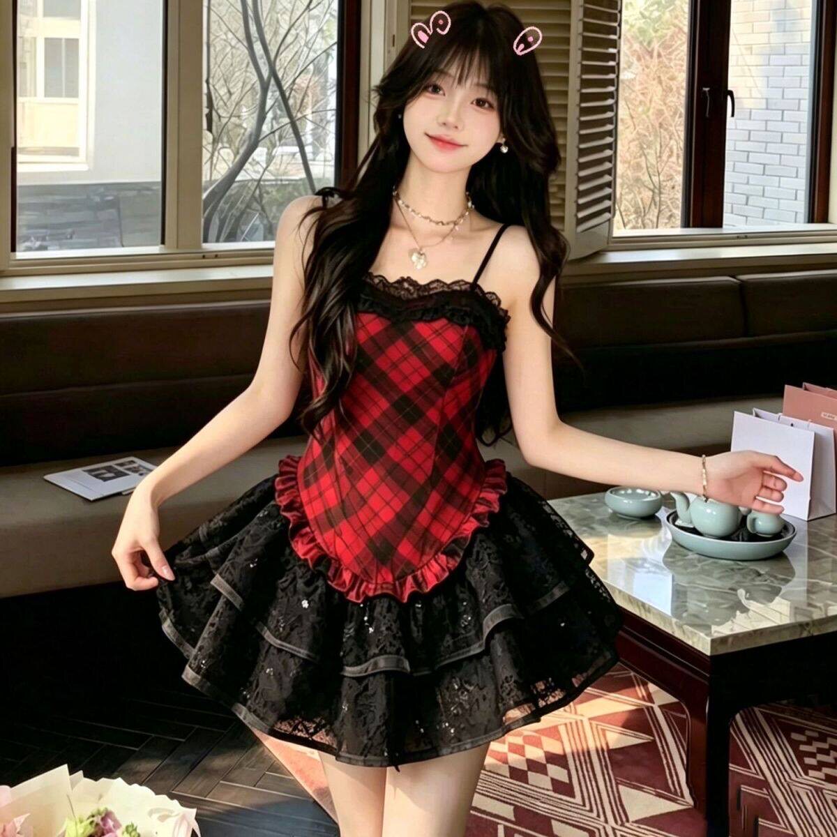 少女法式格子吊带连衣裙短款蓬蓬裙甜辣风红黑格party小裙子