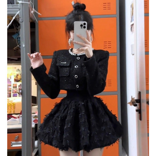 细闪富家千金小香风短外套小个子花苞裙套装小黑裙女2026秋季新款