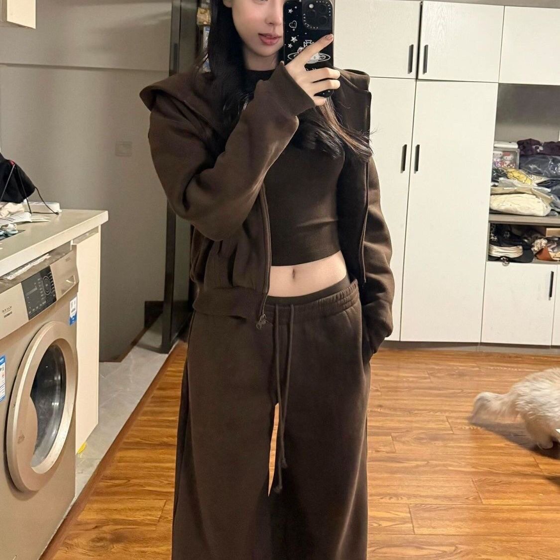 复古棕色休闲卫裤女款早春季裤子上衣搭配一整套春装卫衣运动套装图片