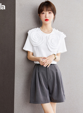 拉夏贝尔Puella灰色五分短裤女夏季休闲阔腿裤宽松高腰显瘦直筒裤