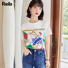 拉夏贝尔Puella时尚冰丝短袖T恤女装韩版印花小衫设计感宽松上衣