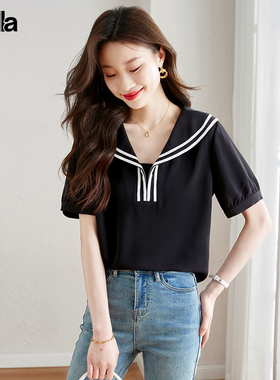 拉夏贝尔Puella休闲海军领短袖雪纺衬衫女学院风设计感小个子上衣