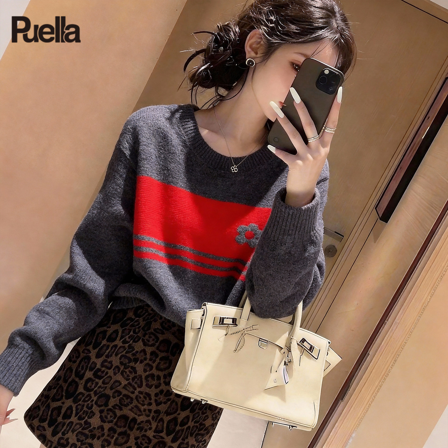 拉夏贝尔Puella2025年冬季高级感灰色提花小众宽松套头针织毛衣女,女装/女士精品,羊绒衫,淘宝优惠券,粉丝福利购,淘宝优惠卷