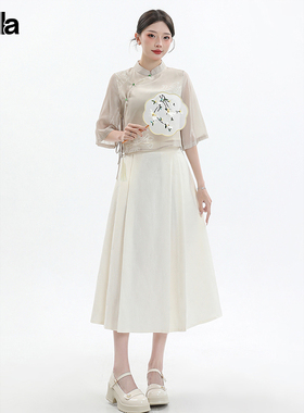 拉夏贝尔Puella新中式国风提花半身裙女高腰垂感中长款西装大摆裙