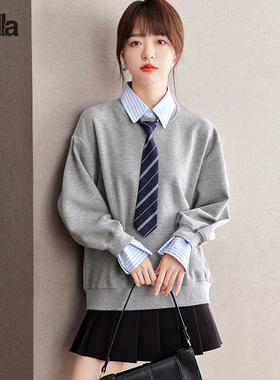 拉夏贝尔Puella设计感学院风条纹拼接假两件新款复古简约宽松上衣