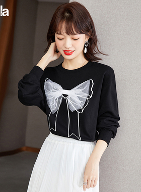 拉夏贝尔Puella蝴蝶结时尚百搭卫衣女春装韩版设计感宽松长袖上衣