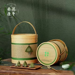 网红端午粽子手提盒抱抱桶刺绣竹编纸桶咸鸭蛋粽子团购礼品盒包装