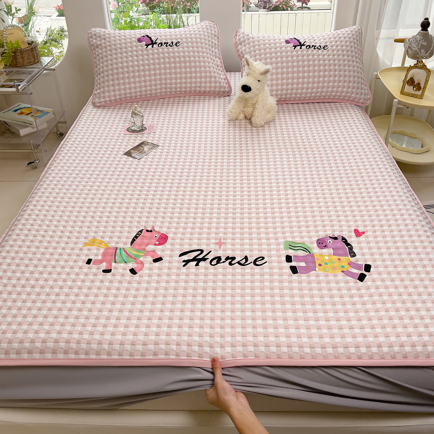 床单床笠可折叠席格子提花A类凉豆豆卡通毛巾绣卡通席子空调席2米