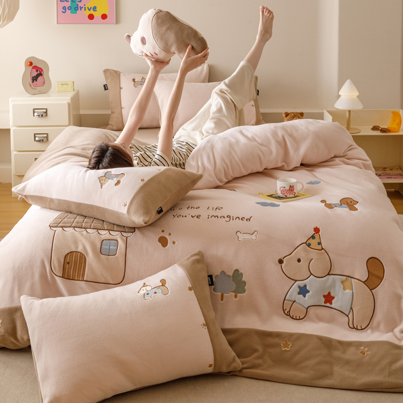 可爱小狗秋冬仿羊绒毛呢蒂芙呢绒床笠四件套加厚牛奶绒床上用品2m