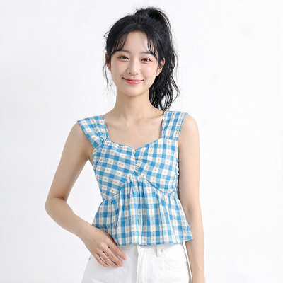 夏季法式复古蓝格方领吊带背心