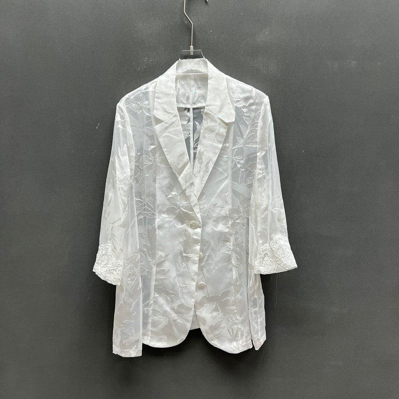 欧洲站2026夏季新款时尚翻领单排扣透视七分袖西装外套女欧货6223