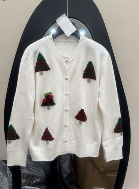 欧洲站2025冬新款卡通圣诞树开衫毛衣圆领单排扣宽松针织衫25356