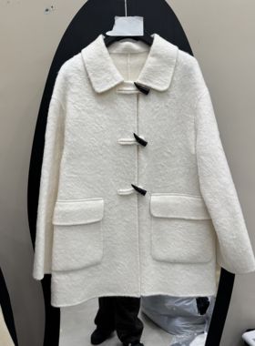 欧洲站2025冬季新款时尚翻领长袖牛角扣双面羊绒大衣女款SL191