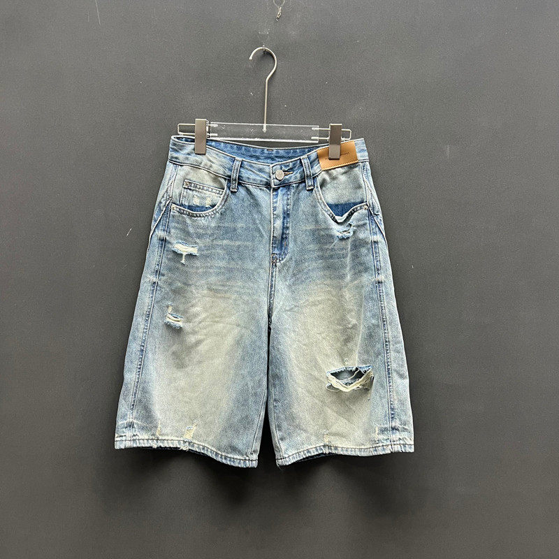 欧洲站2026早夏新款时尚高腰破洞宽松牛仔五分裤女款欧货