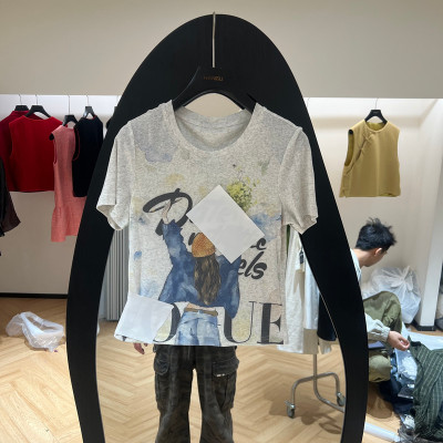 欧洲站早夏油画风卡通短袖T恤女