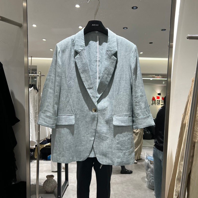 欧洲站2026春季新款时尚翻领一粒扣七分袖西装外套女款欧货26528