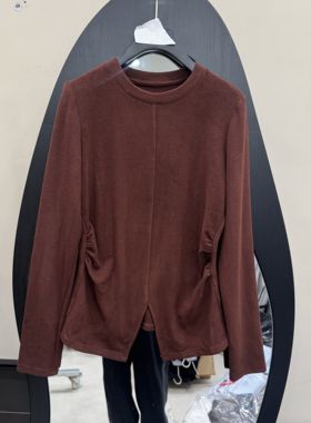 欧洲站2025冬新款简约不对称褶皱开叉收腰打底衫女显瘦上衣35069