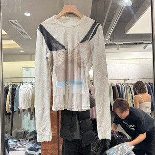 新款 T恤女款 时尚 印花长袖 欧货1582 蕾丝拼接修身 欧洲站2026春季