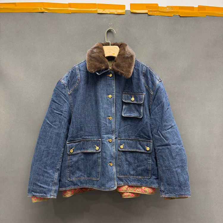 欧洲站2025冬季新款时尚翻毛领宽松保暖棉服牛仔外套女欧货X8303