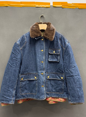 欧洲站2025冬季新款时尚翻毛领宽松保暖棉服牛仔外套女欧货X8303