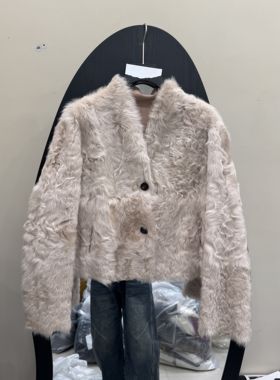 欧洲站2025冬季新款时尚V领长袖单排扣宽松显瘦皮草外套女款2653