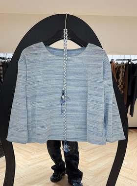 欧洲站2026春季新款时尚圆领配腰带镂空条纹针织衫女款欧货97150