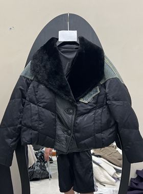 欧洲站2025早秋新款时尚翻领长袖拼接牛仔鹅绒外套女款98028