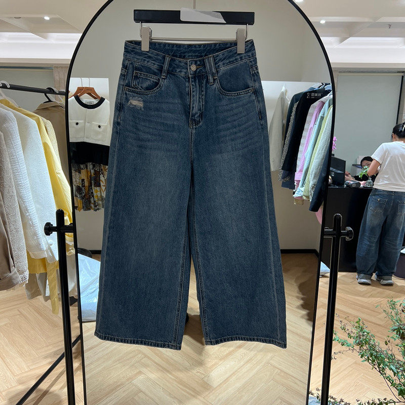 欧洲站2026早夏新款时尚高腰破洞阔腿宽松九分牛仔裤女款欧货3357