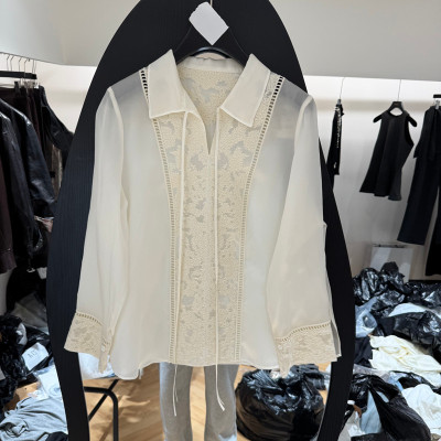 欧洲站春季翻领蕾丝宽松长袖衬衫