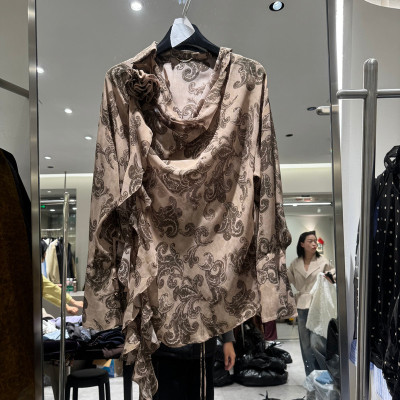 欧洲站春季印花飘带宽松长袖衬衫