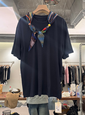 欧洲站2026春季新款时尚圆领纯色宽松配丝巾短袖T恤女款欧货32943