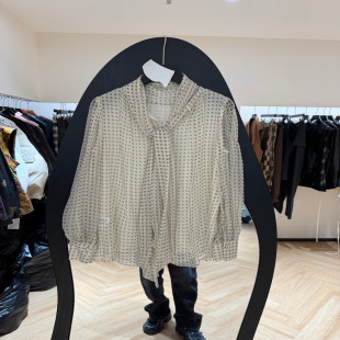 女款 欧洲站2026春季 V领系带格子宽松百搭衬衫 时尚 欧货0966 新款