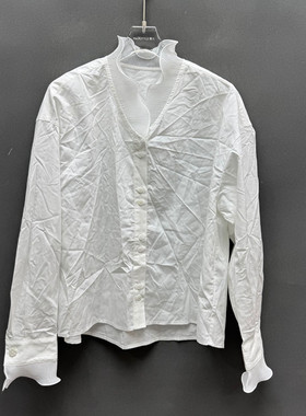 欧洲站2026春季新款时尚立领纯色木耳边长袖衬衫女款欧货68227