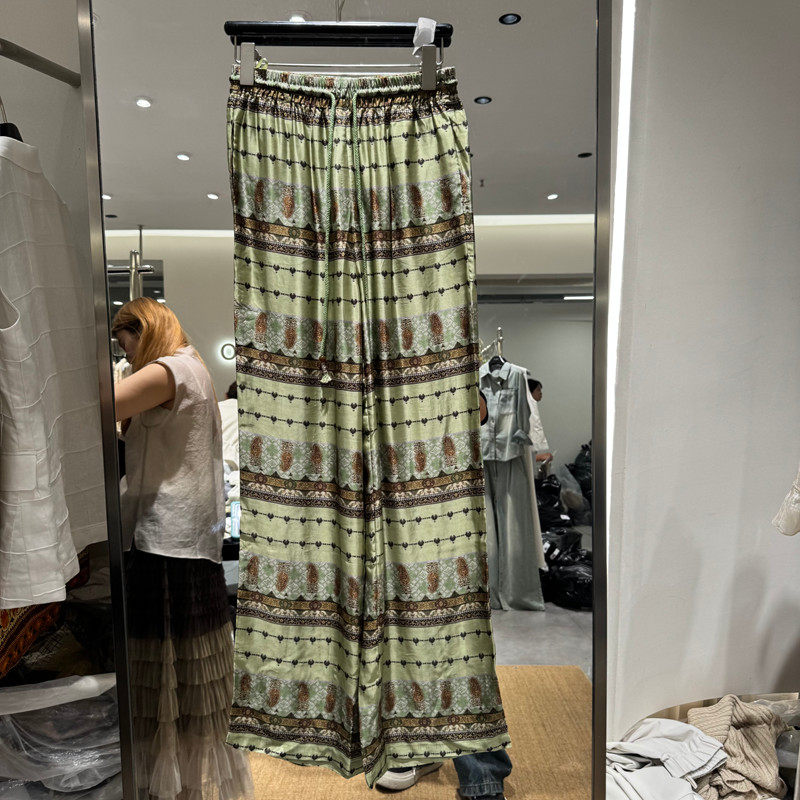 欧洲站2026早夏新款时尚松紧腰抽绳民族风印花休闲裤女欧货68392