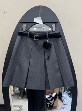 欧洲站2025冬新款学院风毛呢百褶半身裙高腰显瘦A字短裙腰带06239