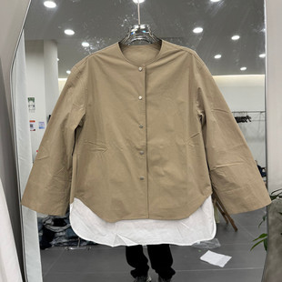 欧洲站2026春季新款时尚圆领单排扣假两件宽松风衣外套女款欧货