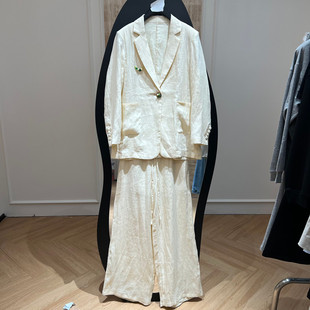 欧洲站2026春季新款时尚翻领亚麻西装外套+抽绳裤子套装女款欧货