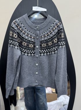 欧洲站2025冬新款提花羊绒针织开衫圆领纽扣毛衣外搭设计感153000