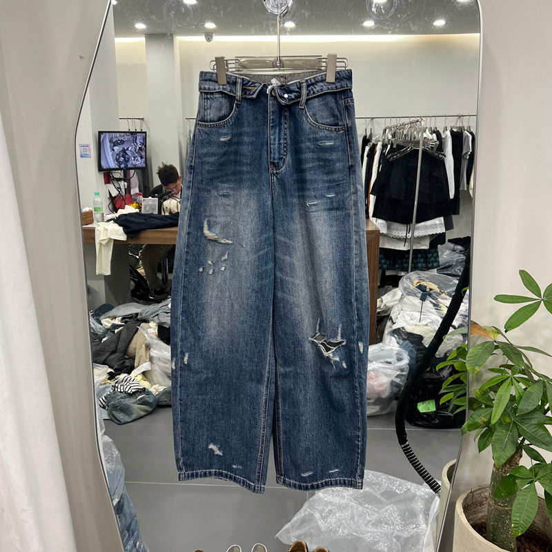 欧洲站2026早夏新款时尚高腰宽松牛仔风破洞哈伦裤女款欧货