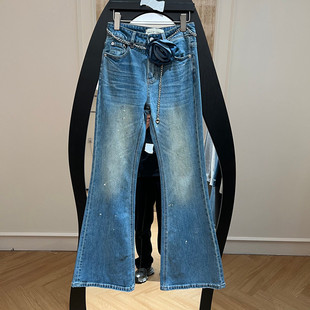 欧洲站2026春季新款时尚高腰配腰带亮片微喇牛仔裤女款欧货18306