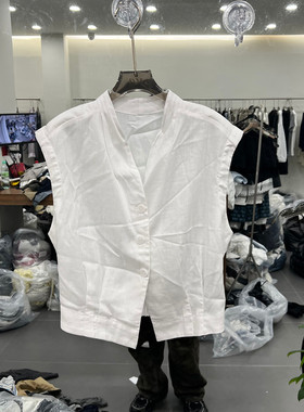 欧洲站2026夏季新款时尚V领单排扣纯色无袖衬衫女款欧货5522