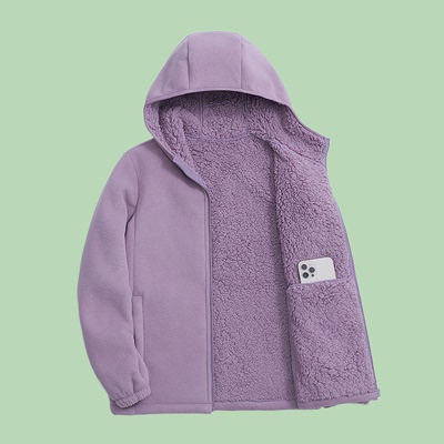 摇粒绒外套女2025年秋冬新款连帽妈妈仿羊羔绒毛开衫加绒加厚卫衣