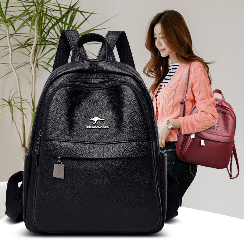 真皮新款百搭中年妈妈袋鼠双肩包