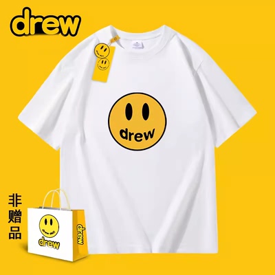 drew笑脸潮牌大码印花重磅短袖t恤男女欧美宽松纯棉落肩袖潮流
