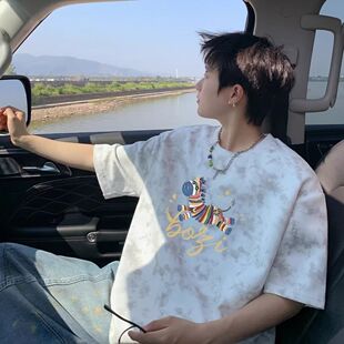 麂皮绒彩色斑马印花短袖男款2026新款宽松重磅藏青色半袖上衣服X